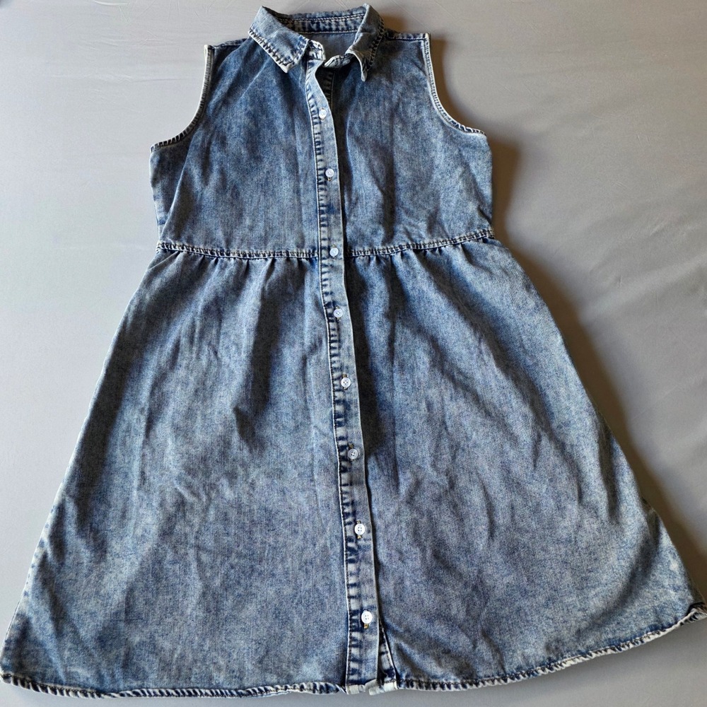 Acid Wash small Denim Button Front Sleeveless Tiered Midi Dress‎ cottagecore
